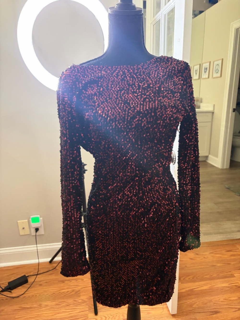 Elegant Women's Long-Sleeve Sequin Cocktail Dress in Deep Burgundy